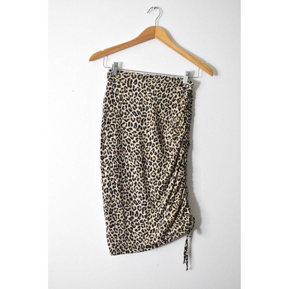 Stowaway Collection Leopard Midi‎ Skirt Women S Tan Black Modern Ruched Ribbed - Picture 5 of 7
